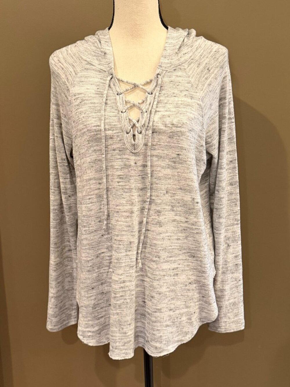 American Eagle Soft & Sexy Plush Heathered Gray Hoodie Lace Up, Size Large